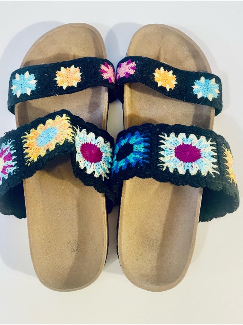 Black Crochet Double-Strap Slide Sandals with Multicolor Floral Accents